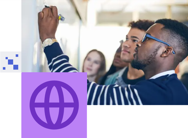 A group of students is collaborating at a whiteboard. One person is writing with a marker, while others watch attentively. A purple globe icon overlays part of the image.
