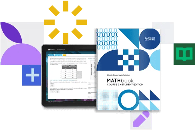 A promotional image showing educational materials including a digital tablet displaying a math problem and a 'MATHbook' textbook cover with geometric patterns. The composition includes decorative elements like a yellow starburst, blue geometric shapes, and purple accents against a white background.