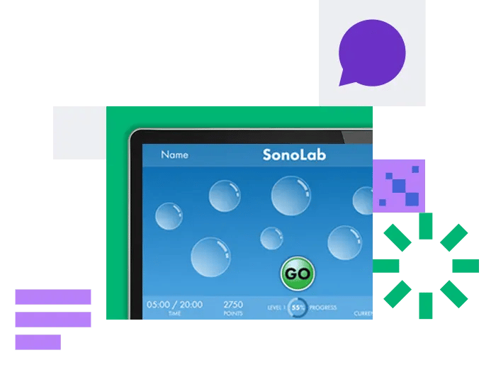 A tablet screen displays blue bubbles with a GO button in the center, surrounded by abstract shapes like a purple speech bubble, green loading icon, and purple blocks. Various lines decorate the white background.