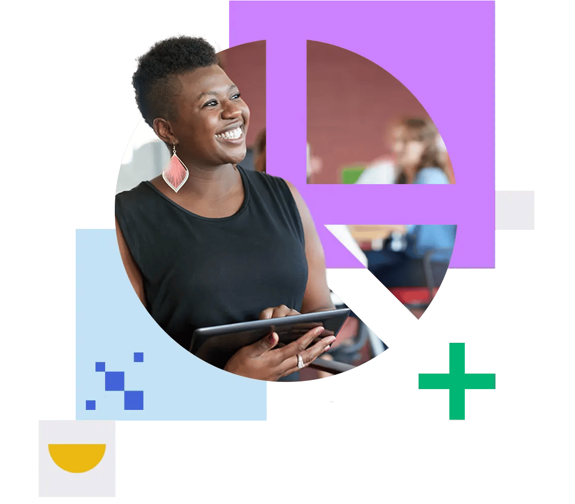 A professional photo showing a woman wearing a black sleeveless top and coral-colored statement earrings. She has a bright, engaging smile and is holding a tablet device. The image is styled with circular and geometric cutouts against a purple and white background. She appears to be in a business or educational setting.