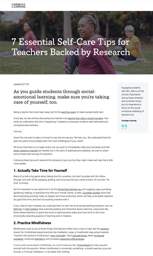 A blog post titled 7 Essential Self-Care Tips for Teachers Backed by Research features a background image of a teacher at a whiteboard with students. The article offers self-care advice and tips, accompanied by a highlighted quote.