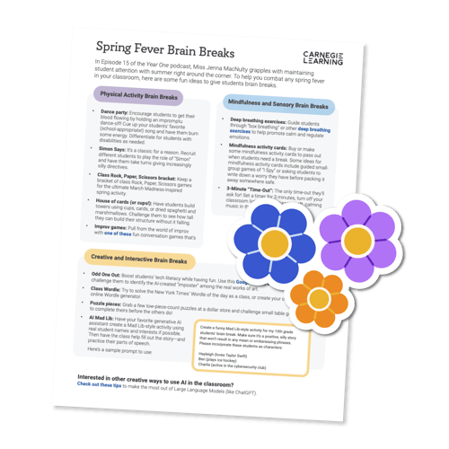 Preview image of the Spring Fever Brain Breaks resource for educators. Includes colorful flower graphics in the lower corner and tips for classroom engagement.