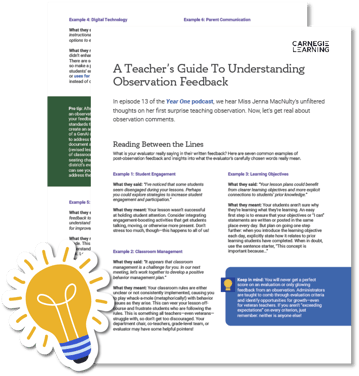 Illustrated guide titled "A Teacher’s Guide to Understanding Observation Feedback" with examples of student engagement, classroom management, and learning objectives. Includes a graphic of a light bulb.