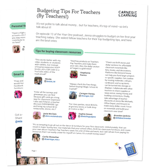 A preview image of the "Budgeting Tips For Teachers (By Teachers!)" resource from episode 12 of the Year One podcast. It includes quotes and tweets from teachers sharing tips on buying classroom resources, alongside their profile pictures and usernames. The Carnegie Learning logo is at the top.