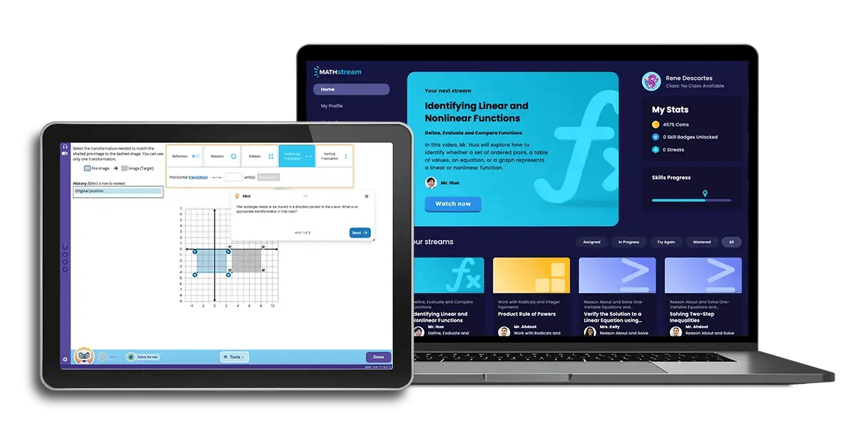 Image of a laptop showing a MATHstream lesson and a tablet showing a MATHia lesson Image of a laptop showing a MATHstream lesson and a tablet showing a MATHia lesson