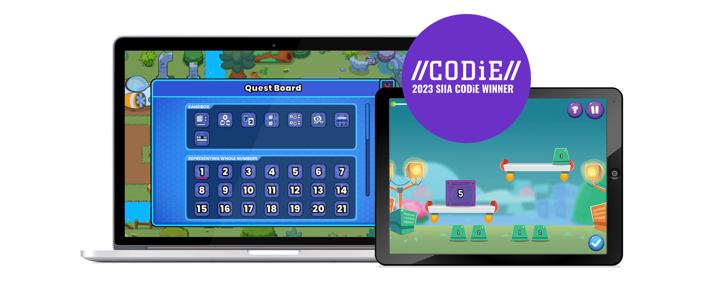 A promotional image showing two screens from what appears to be an educational game called 'CODiE', marked as a 2023 SIIA CODiE Winner. The left screen shows a quest board interface with numbered buttons from 1-21 arranged in a grid. The right screen displays what looks like a math or puzzle game interface with a purple platform showing the number 5, and several green platforms below it. The screens are shown on a laptop and tablet device against an orange background with a purple circular badge.