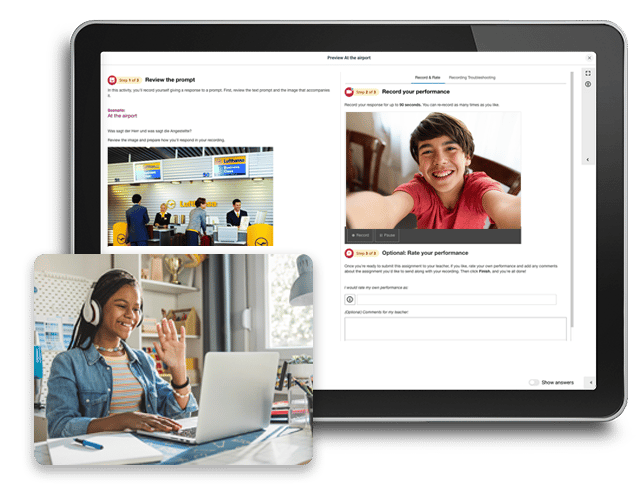 Tablet showing Performance activity and a photo of a student working on the computer
