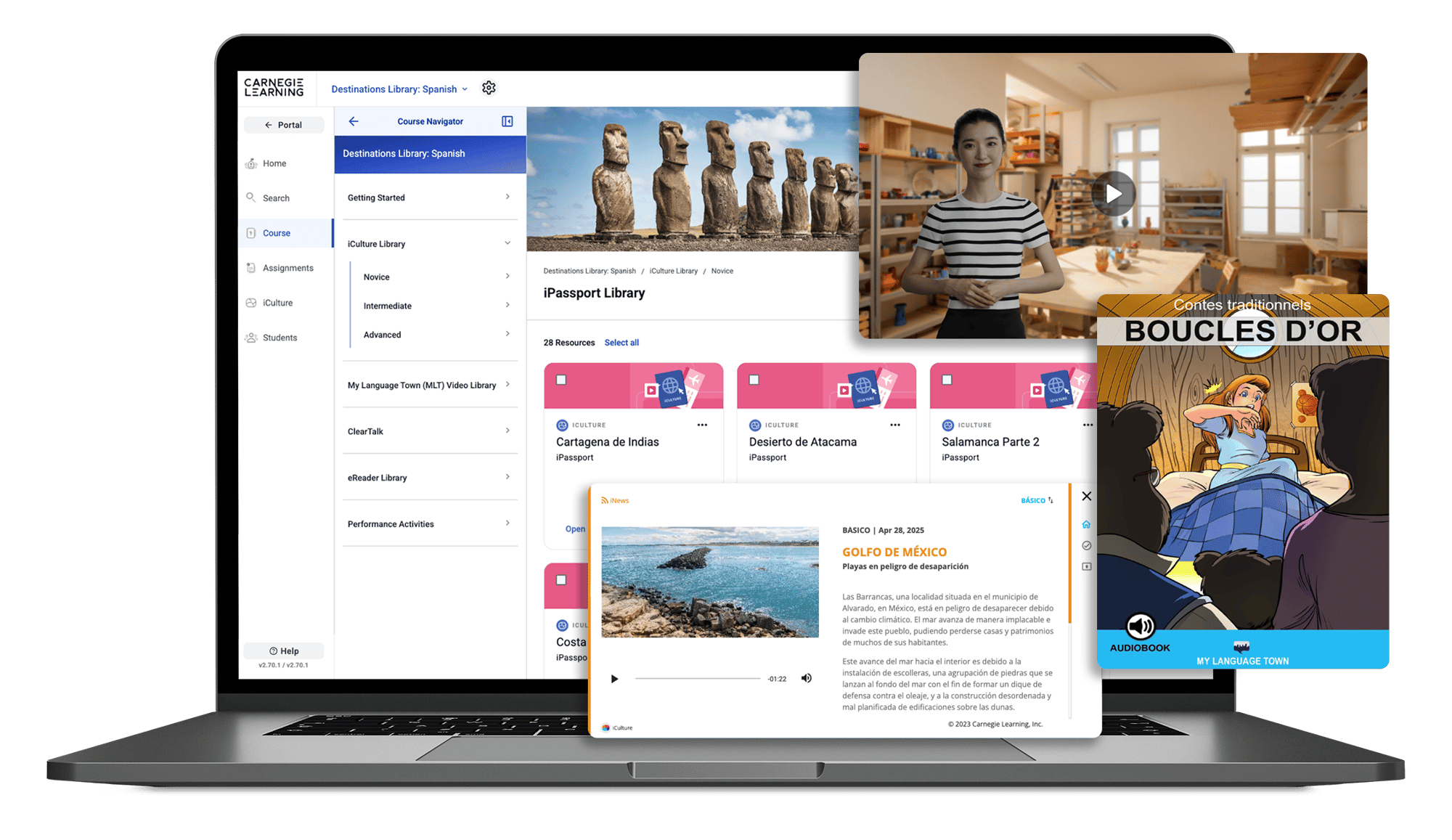 Image of an open laptop displaying the Destinations Library with several resources layered over the screen