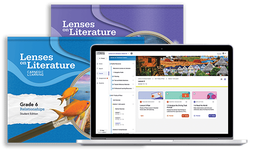 Product image of the Lenses on Literature solution, showing two textbooks and a laptop