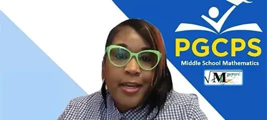 A woman wearing cat-eye green glasses presenting in what appears to be a virtual education setting. Behind her is a blue background with the PGCPS (Prince George's County Public Schools) logo and text reading 'Middle School Mathematics' along with what appears to be the NCTM (National Council of Teachers of Mathematics) logo