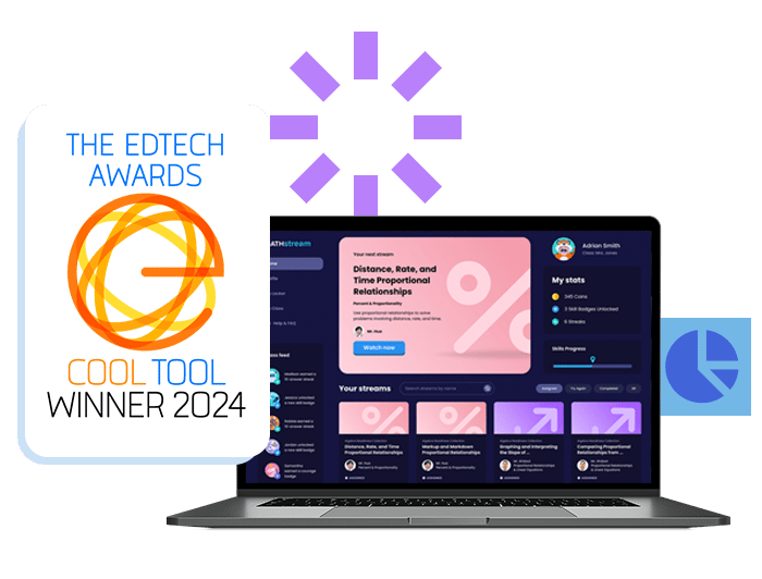An image showing "THE EDTECH AWARDS COOL TOOL WINNER 2024" logo next to a laptop displaying a math learning platform interface with pink notification cards and blue task completion indicators.