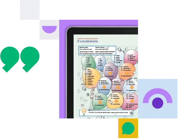 A partial view of a tablet displaying an Italian vocabulary lesson titled "Il vocabolario" showing colorful bubble-shaped word clusters. The image has decorative design elements including green quotation marks, purple semicircles, and speech bubbles arranged around the edges of the screen.