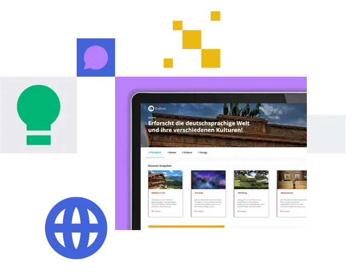 A promotional graphic for a language learning platform featuring a partial view of a tablet displaying content about travel destinations. The image includes decorative elements including a blue globe icon, a green lightbulb, a purple speech bubble, and orange pixel-like squares. The screen shows what appears to be a Spanish or German language travel course. A promotional graphic for a language learning platform featuring a partial view of a tablet displaying content about travel destinations. The image includes decorative elements including a blue globe icon, a green lightbulb, a purple speech bubble, and orange pixel-like squares. The screen shows what appears to be a Spanish or German language travel course.