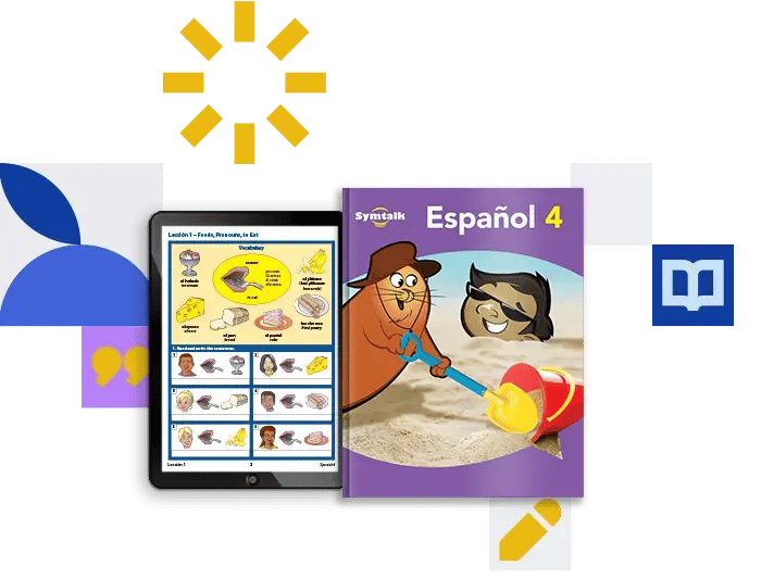 A promotional image for Spanish language learning materials showing a tablet displaying interactive vocabulary activities alongside a physical "Español 4" textbook featuring cartoon characters playing at the beach. The image includes decorative elements like a yellow sunburst, blue shapes, and educational icons.