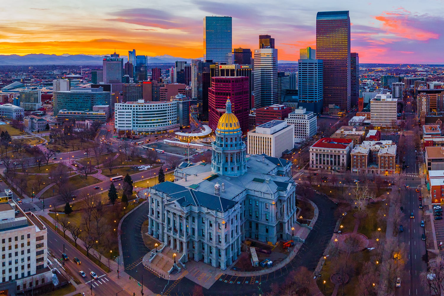 An aerial photo of the city of Denver, Colorado 