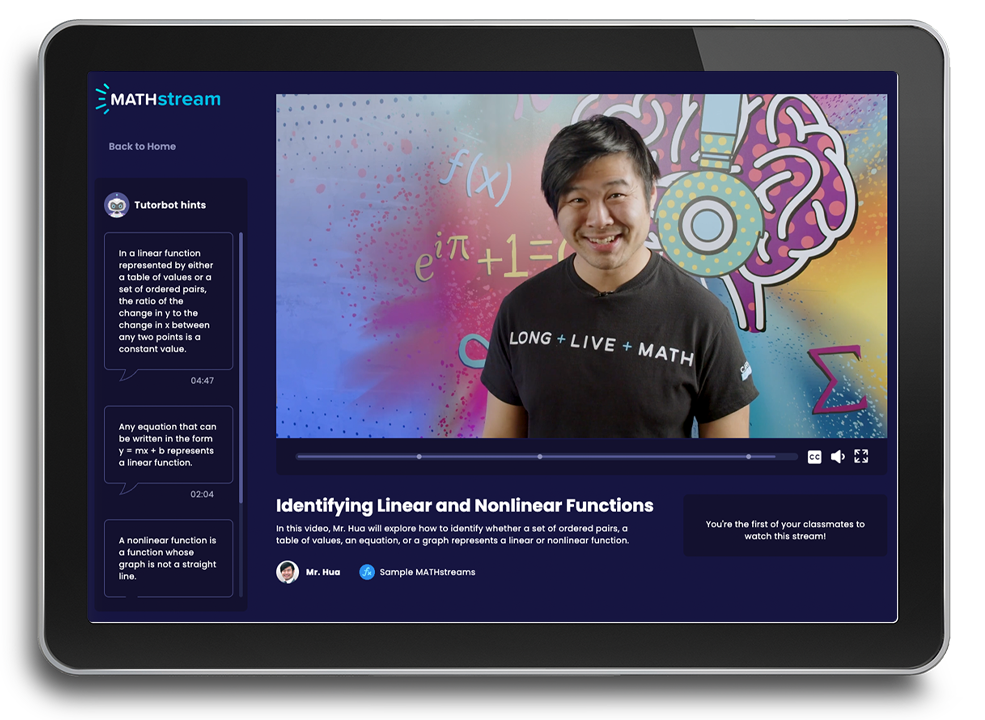 A tablet showing the MATHstream platform with a video lesson about 