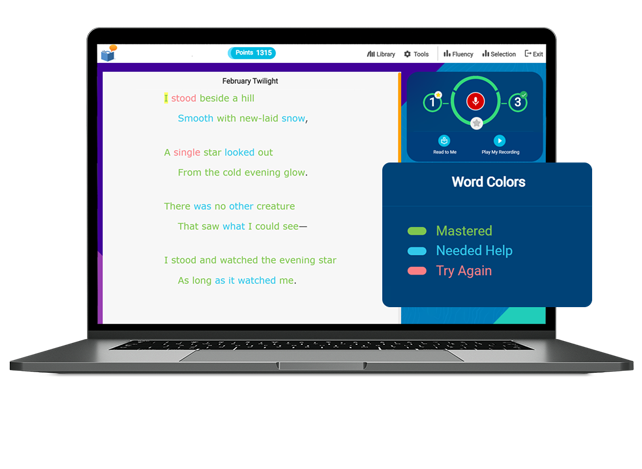 A laptop screen displaying a reading assessment tool. The screen shows a poem with color-coded words indicating mastery levels (green for mastered, blue for needed help, and red for try again). A pop-up on the screen explains the color meanings. The interface includes a points counter, fluency tools, and navigation options.