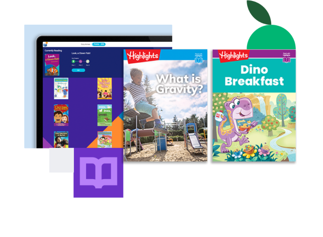 A digital reading platform showcasing children's books. The screen displays a bookshelf with book covers, including 