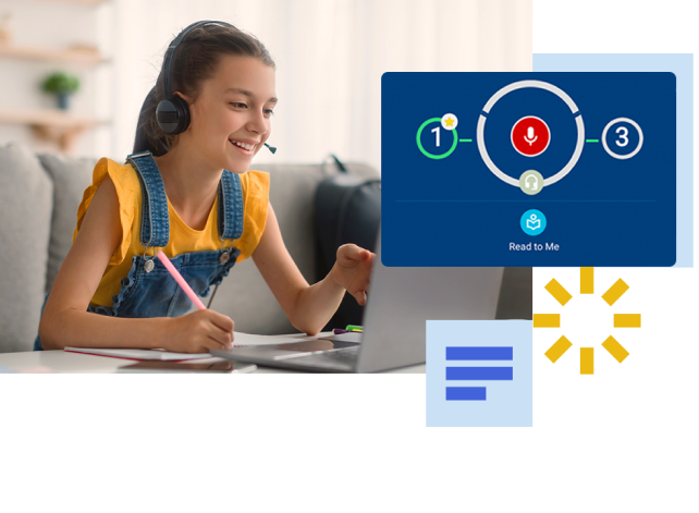 A young girl wearing headphones and holding a pencil while interacting with an online reading tool on her laptop. The interface includes a speech recognition feature with a red microphone button and numbered steps for guided reading. Additional graphic elements, such as a text icon and a loading sunburst, are present.