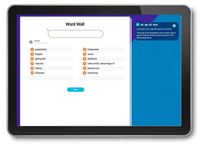 A tablet displaying an educational app with a Word Wall activity. Words like expedition, frigate, and dimpled are listed. A definition for expedition appears on the right: a journey with a specific goal or purpose.