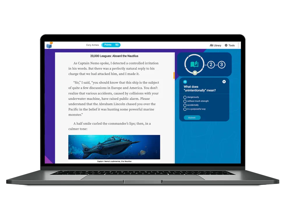 A laptop displays an educational webpage about 20,000 Leagues Under the Sea, featuring an excerpt and a small image of a submarine underwater. A sidebar shows a prompt asking about the meaning of unintentionally, with three quiz options.