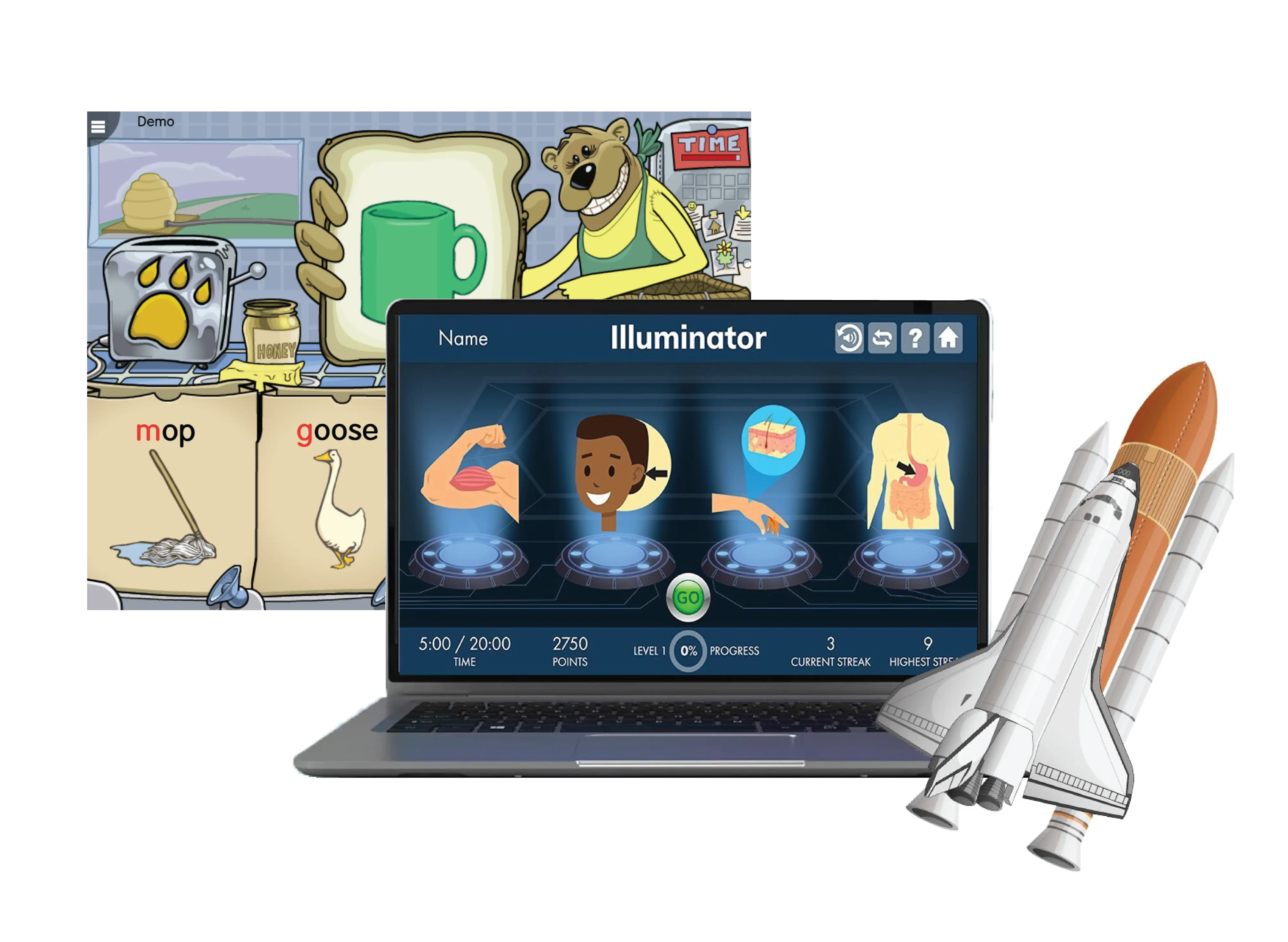 A collage with a laptop showing a game interface featuring a character and three platforms, a cartoon panel with kitchen items and a bear, and a space shuttle model.