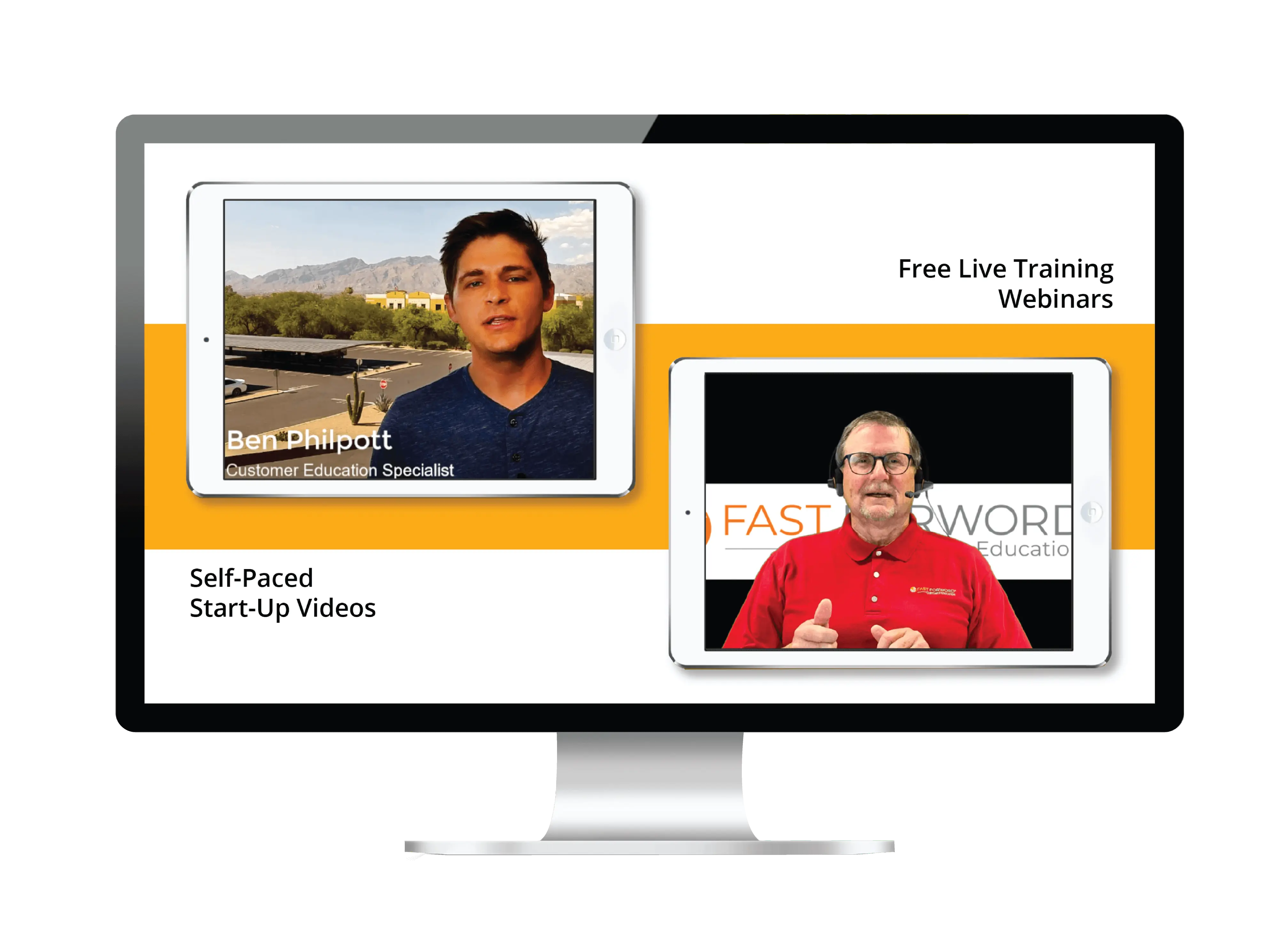 A computer screen displays two video frames. The left frame shows a man outdoors labeled Ben Philpott, Customer Education Specialist. The right frame shows another man speaking, labeled FASTSWORD Education. Text: Free Live Training Webinars.