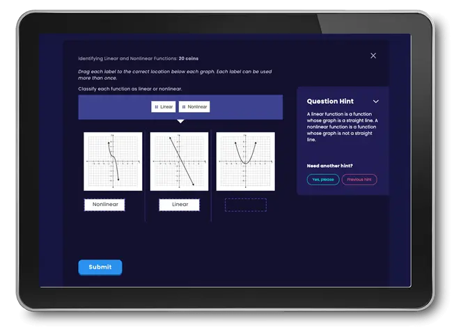 A tablet displaying a MATHstream interactive exercise where students classify functions as linear or nonlinear. The screen shows three graph options, submit and cancel buttons, and includes a question hint explaining that a linear function graphs as a straight line.
