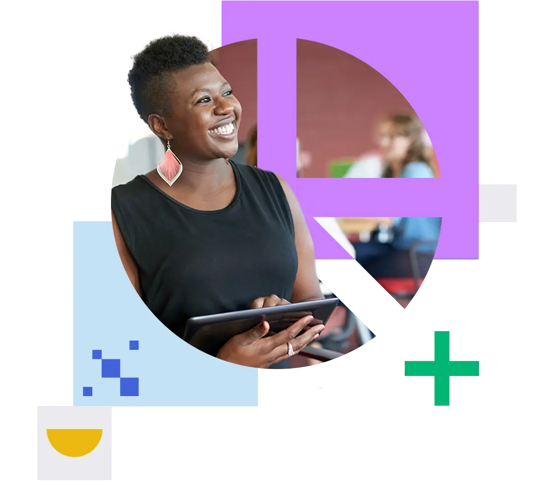 A professional photo showing a woman wearing a black sleeveless top and coral-colored statement earrings. She has a bright, engaging smile and is holding a tablet device. The image is styled with circular and geometric cutouts against a purple and white background. She appears to be in a business or educational setting. A professional photo showing a woman wearing a black sleeveless top and coral-colored statement earrings. She has a bright, engaging smile and is holding a tablet device. The image is styled with circular and geometric cutouts against a purple and white background. She appears to be in a business or educational setting.