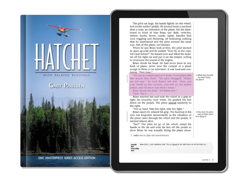 The image shows the cover of the book Hatchet by Gary Paulsen next to an e-reader displaying a page from the book. The cover features a red plane flying over a forest, while the e-reader displays a highlighted passage of text.