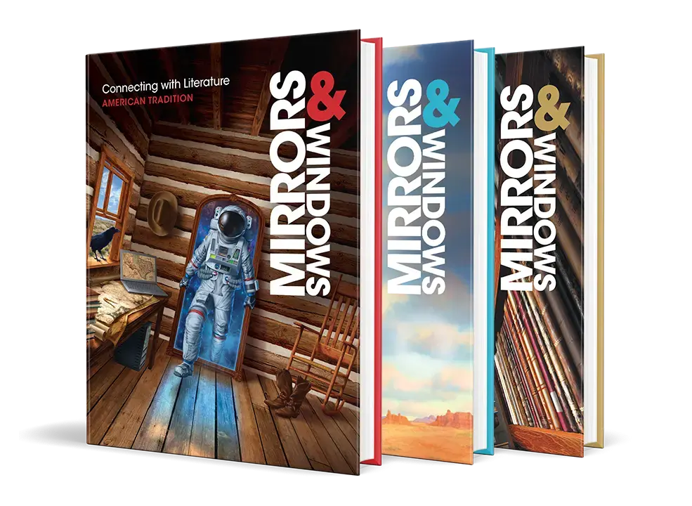 Three textbooks stand upright. The front book, titled Mirrors & Windows: American Tradition, features an astronaut in a wooden cabin. The spine and partial covers of the other two books are visible behind it.