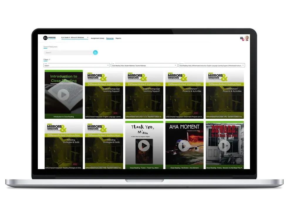 Laptop screen displaying a grid of video thumbnails. Most thumbnails feature a play button and various titles with a green and black color scheme, including Minds On Physics and Thank You, Maam. The screen has a search bar and navigation menu.