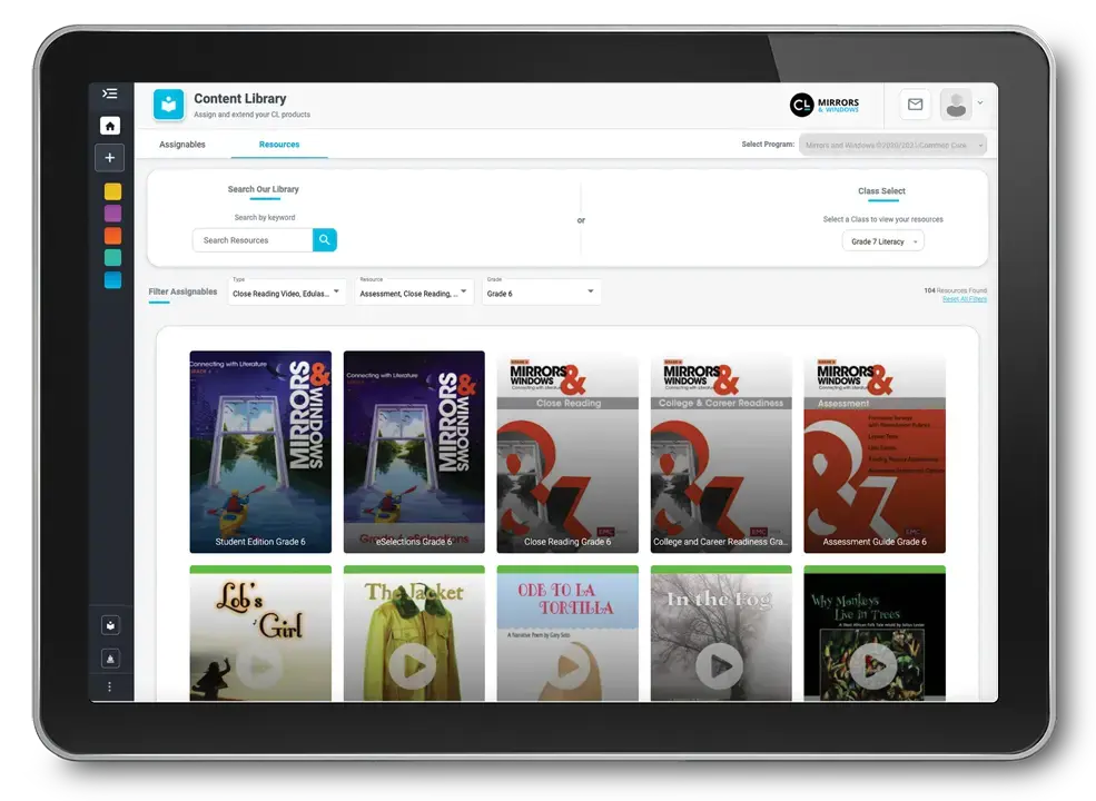 Tablet displaying an educational content library interface, featuring book covers like Mirrors & Windows and Los Gatos Black on Halloween, with options for search and browse.