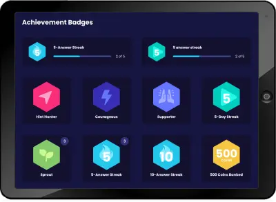 A tablet displaying the "Achievement Badges" screen from MATHstream with various colorful hexagonal and circular badges representing different accomplishments, including "Task Master," "Conqueror," "Superhero," and "500 Calculations."