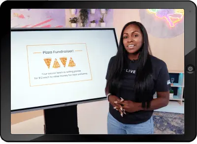 A tablet showing a young Black woman presenter standing next to a screen displaying "Petra Farrakhanator" and "TAVA" presentation information. She is wearing a black shirt with "LIVE" text and jeans.