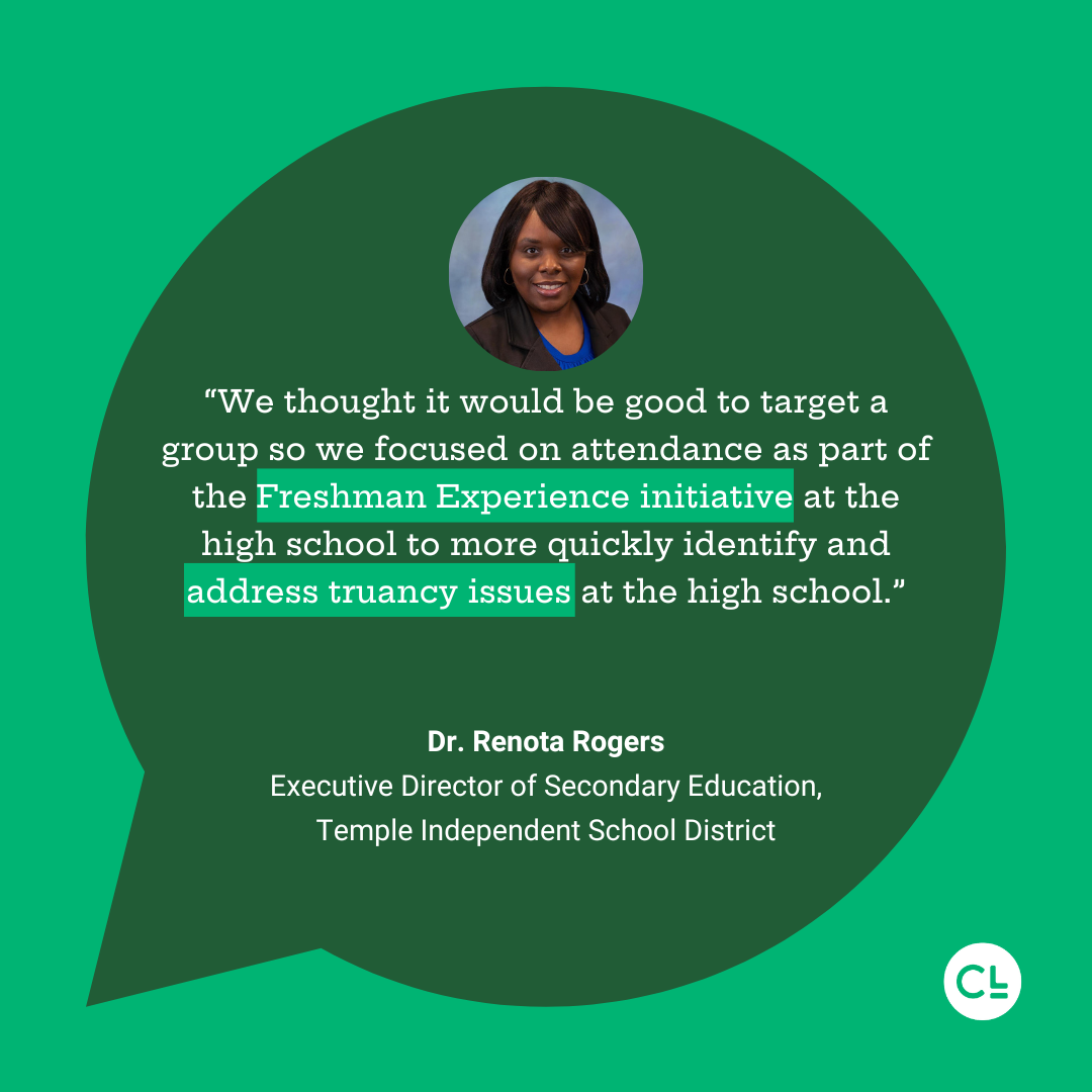 “We thought it would be good to target a group so we focused on attendance as part of the Freshman Experience initiative at the high school to more quickly identify and address truancy issues at the high school.” Dr. Renota Rogers