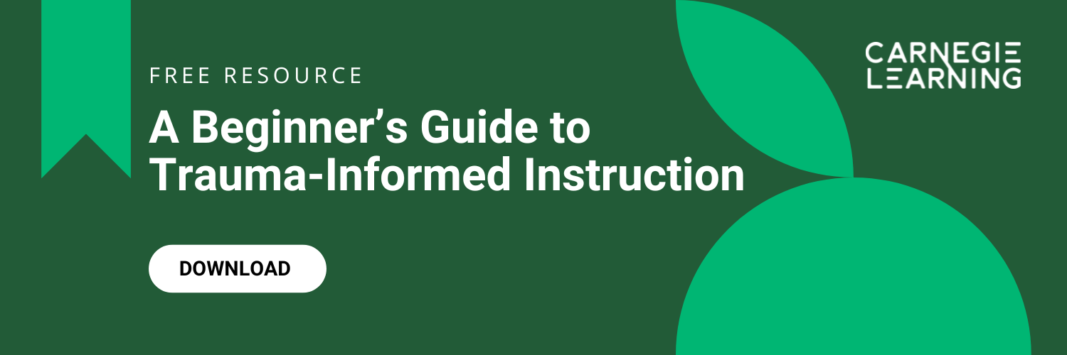Green banner with text promoting a free resource: A Beginner’s Guide to Trauma-Informed Instruction by Carnegie Learning. Includes a download button. Geometric shapes decorate the background.