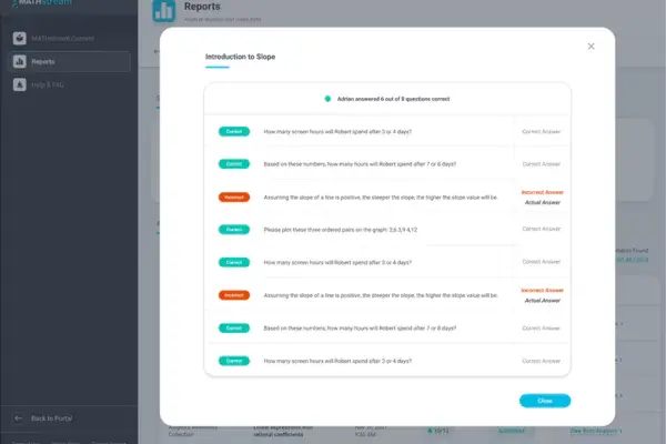 This image shows how MATHstream, a math video program for middle school and high school, gathers data about student performance for teachers to easily interpret.