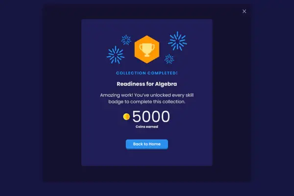 A student's achievement in a MATHstream, a math video program, is celebrated with pictures of fireworks, a trophy, and a reward of 5000 coins.