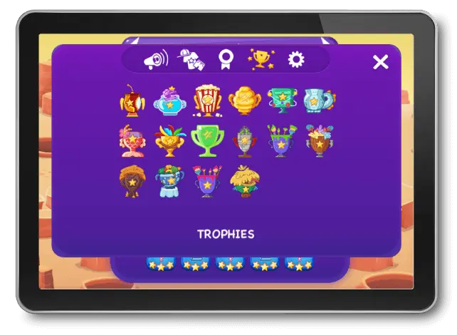 A trophies screen from an educational game showing various colorful achievement icons arranged in a grid against a purple background. The icons include designs like trophies, stars, and animated characters. There are menu icons at the top and star ratings at the bottom.