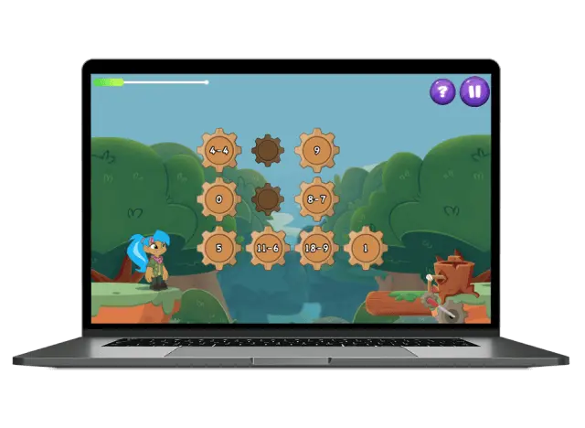 A game level showing a puzzle interface with gears arranged in a pattern. The gears contain numbers and mathematical operations. The scene is set in a forest environment with cartoon-style graphics. A character appears on the left side, and there are pause/help buttons in the top right corner.
