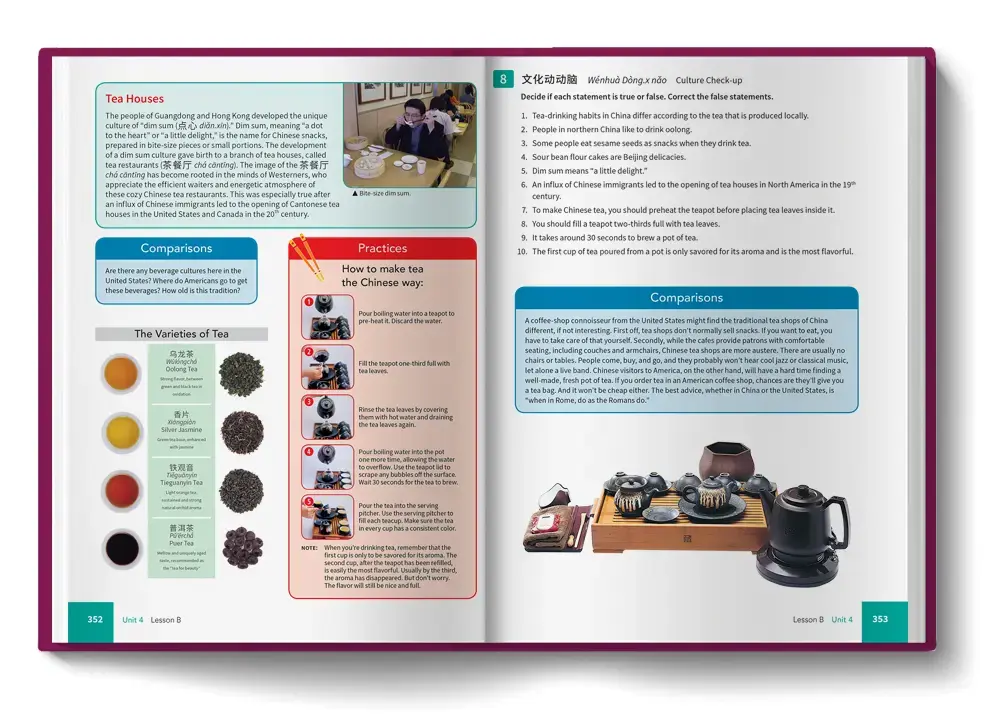 Open book image showing a variety of activities and informational text.