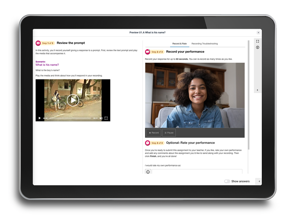 Tablet image showcasing an activity in which students interact with a prompt.