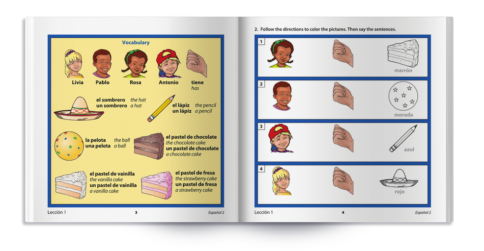 Open Spanish language textbook showing vocabulary page with illustrated characters named Lisa, Pablo, Rosa, and Antonio alongside food items including hats, cake slices, and cookies with Spanish and English labels.