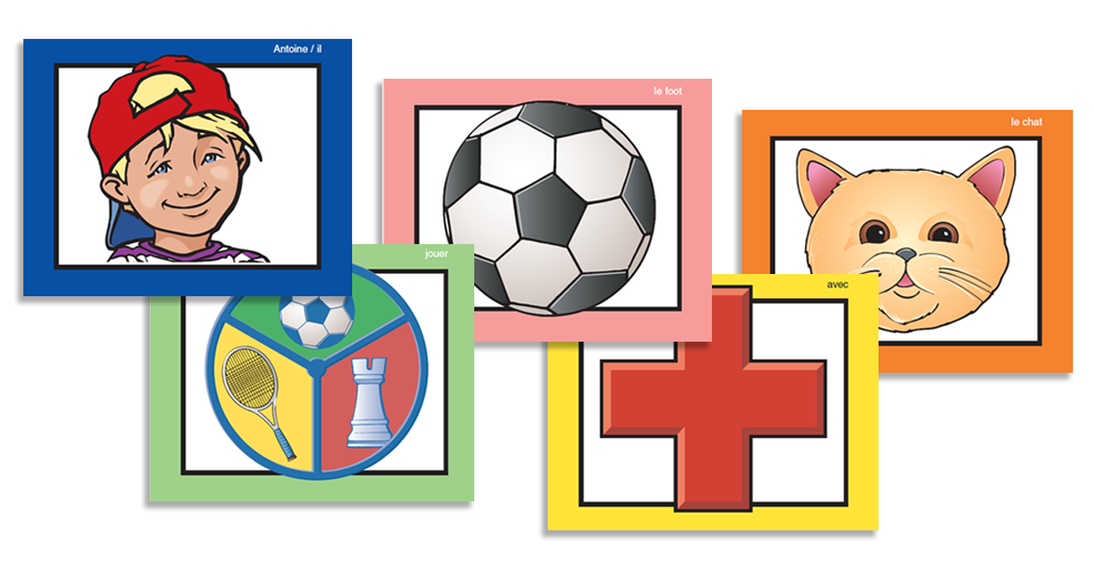 Colorful educational flashcards for children showing cartoon illustrations including a boy with a red cap, sports equipment (soccer ball, tennis racket, chess piece), a soccer ball, a cat face, and a red cross medical symbol.