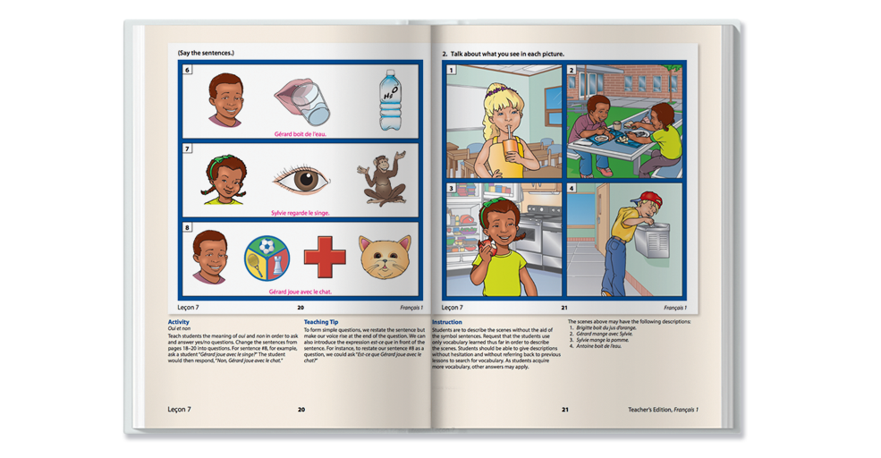 Spanish language workbook spread showing matching exercises with illustrated children and objects on the left page, and classroom scenes with students interacting on the right page.