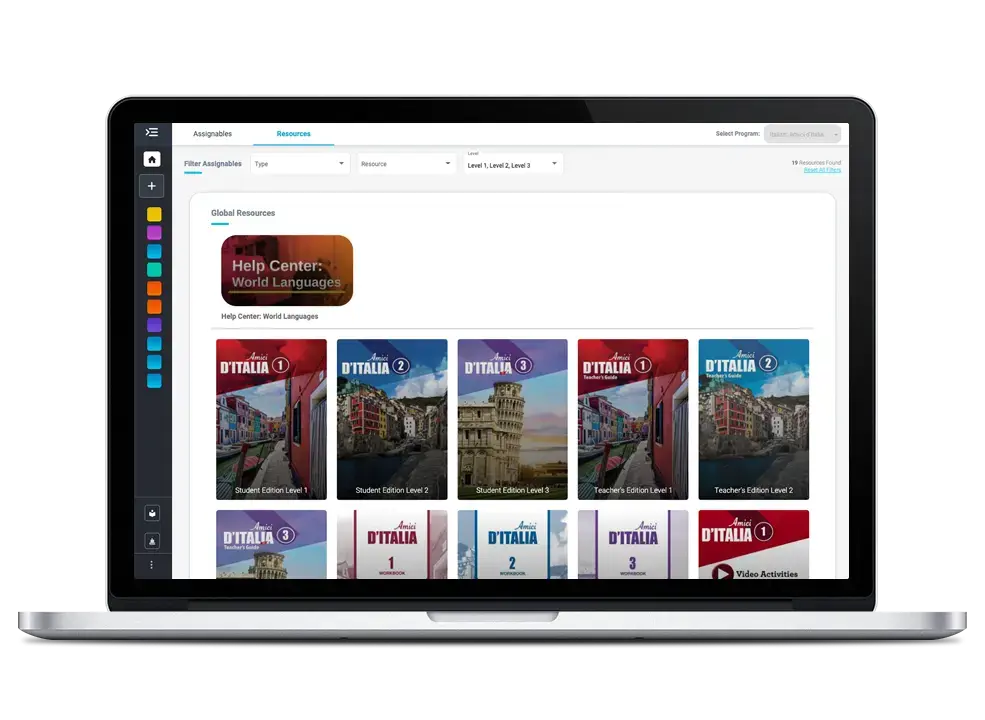 A laptop screen displaying a digital content library for Italian language learning. The interface shows a 