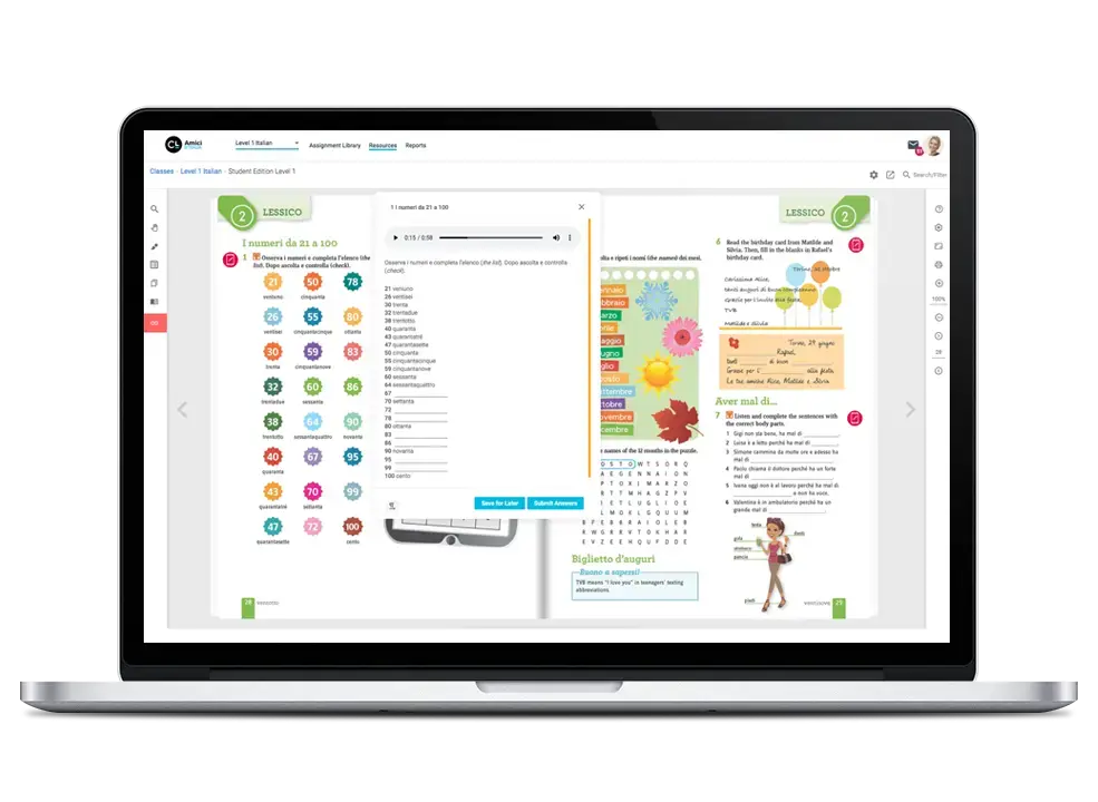 A laptop screen displaying an interactive digital language learning platform with a colorful interface. The page shows a lesson with vocabulary icons on the left side, a vocabulary list in the center, and interactive exercises including word searches and illustrations on the right side. The platform appears to be for teaching Spanish or another Romance language.