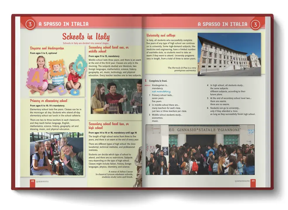 An open Italian language textbook spread showing a chapter titled 