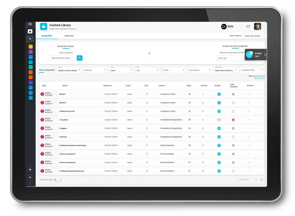A tablet displaying a content library management system with a detailed spreadsheet view of educational resources. The interface shows multiple Italian language learning resources with information about levels, lessons, and availability. The screen includes filtering options and administrative tools for organizing educational content.